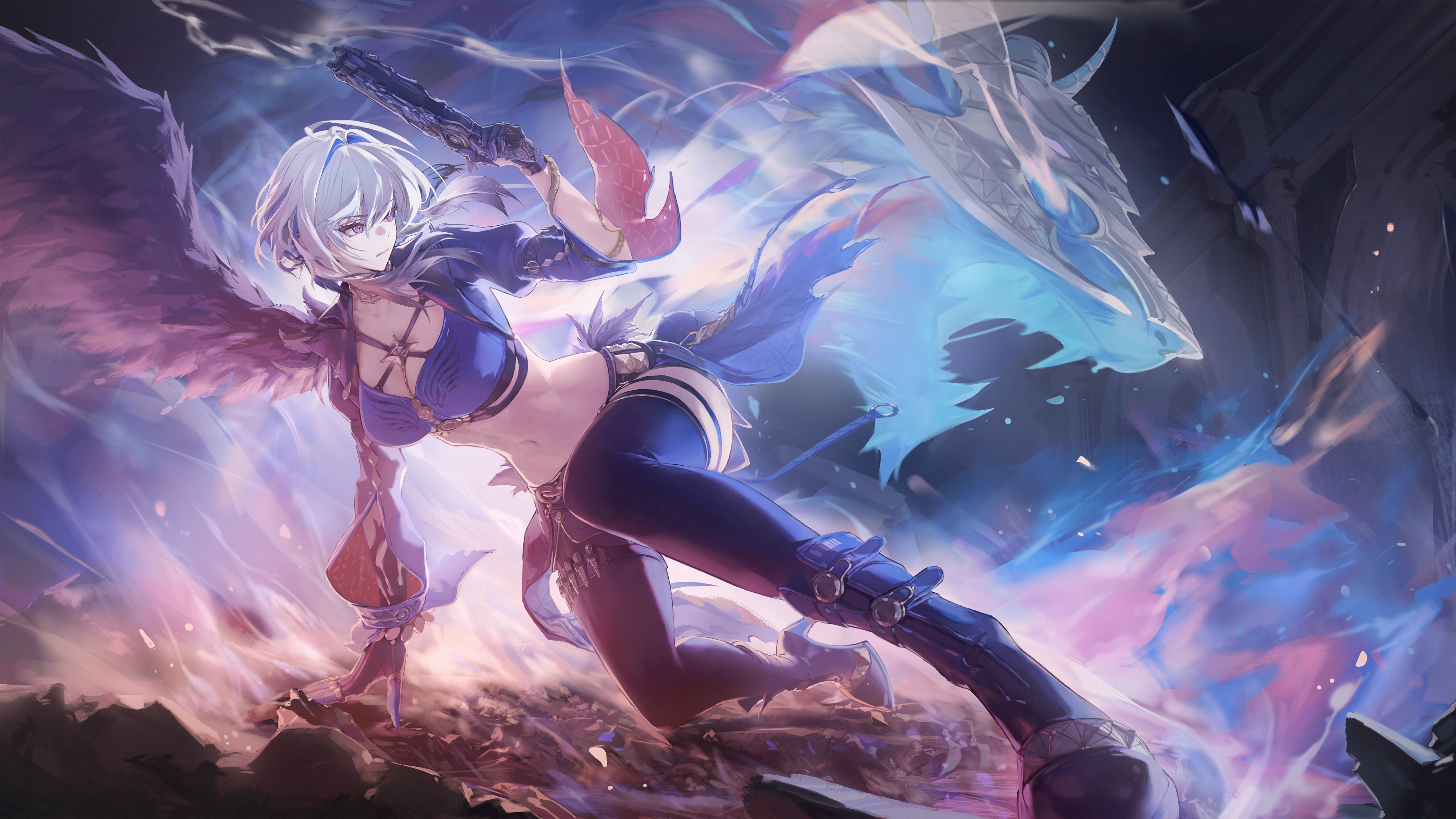 guan byeol, galbrena (wuthering waves), wuthering waves, absurdres, commentary, english commentary, highres, 1girl, arm support, asymmetrical wings, black gloves, black jacket, black pantyhose, black thighhighs, blue bra, bra, breasts, cropped jacket, dynamic pose, full body, gloves, grey hair, gun, hand up, holding, holding gun, holding weapon, jacket, medium breasts, medium hair, mismatched wings, navel, pantyhose, purple eyes, single leg pantyhose, single thighhigh, solo, stomach, thighhighs, underwear, weapon, wings