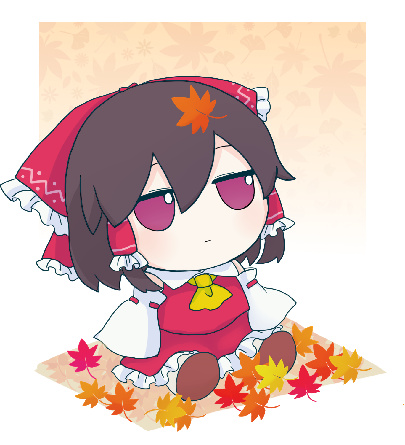 azuma meri, hakurei reimu, touhou, commentary request, highres, revision, 1girl, ascot, autumn leaves, black hair, bow, brown shoes, chibi, closed mouth, detached sleeves, dress, expressionless, frilled bow, frilled dress, frilled hair tubes, frilled skirt, frills, full body, fumo (doll), gradient background, hair between eyes, hair bow, hair tubes, jitome, leaf, leaf background, leaf on head, medium hair, red dress, red eyes, ribbon-trimmed sleeves, ribbon trim, shirt, shoes, sitting, skirt, sleeveless, sleeveless shirt, sleeves past wrists, solo, yellow ascot