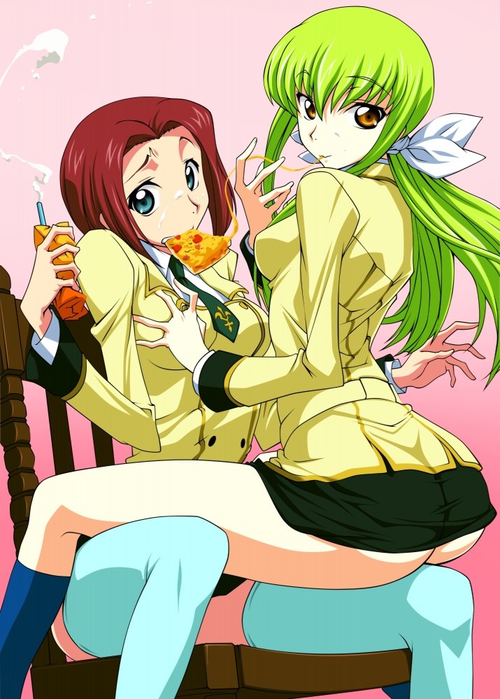 tabata hisayuki, c.c., kouzuki kallen, code geass, 00s, 2girls, aqua eyes, ass, breasts, eating, food, grabbing another's breast, green hair, groping, long hair, multiple girls, necktie, pizza, red hair, school uniform, short hair, sitting, thighhighs, thighs, yellow eyes