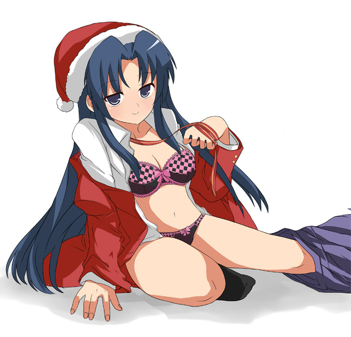 maro nie, kawashima ami, toradora!, 00s, 1girl, blue hair, bra, breasts, christmas, female focus, hat, lingerie, long hair, open clothes, panties, ribbon, santa costume, smile, solo, underwear, undressing, very long hair