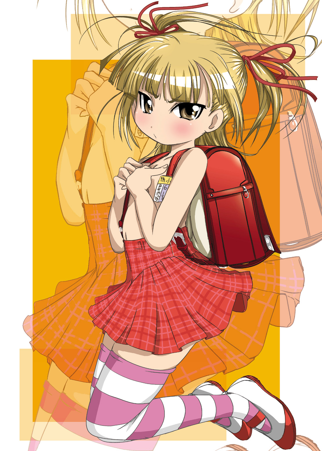 yuumin, marui mitsuba, mitsudomoe (manga), highres, 1girl, backpack, bag, blonde hair, blush, brown eyes, covering breasts, covering privates, female focus, flat chest, hair ribbon, loli, no bra, plaid clothes, plaid skirt, randoseru, ribbon, skirt, solo, striped clothes, striped thighhighs, thighhighs, topless female, twintails, zettai ryouiki, zoom layer