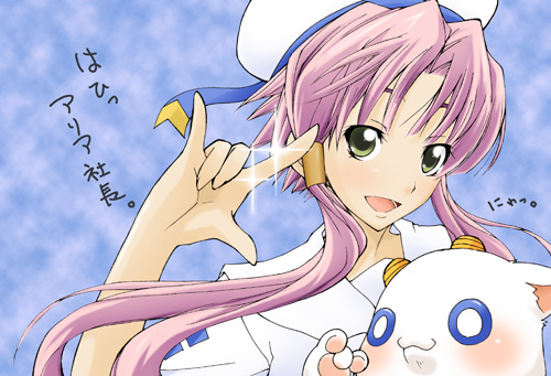 aria pokoteng, mizunashi akari, aria (manga), macross, macross frontier, lowres, translation request, beret, blouse, cat, hat, long hair, m/, parody, pink hair, seikan hikou, shirt, short hair with long locks, solo, twintails, white shirt