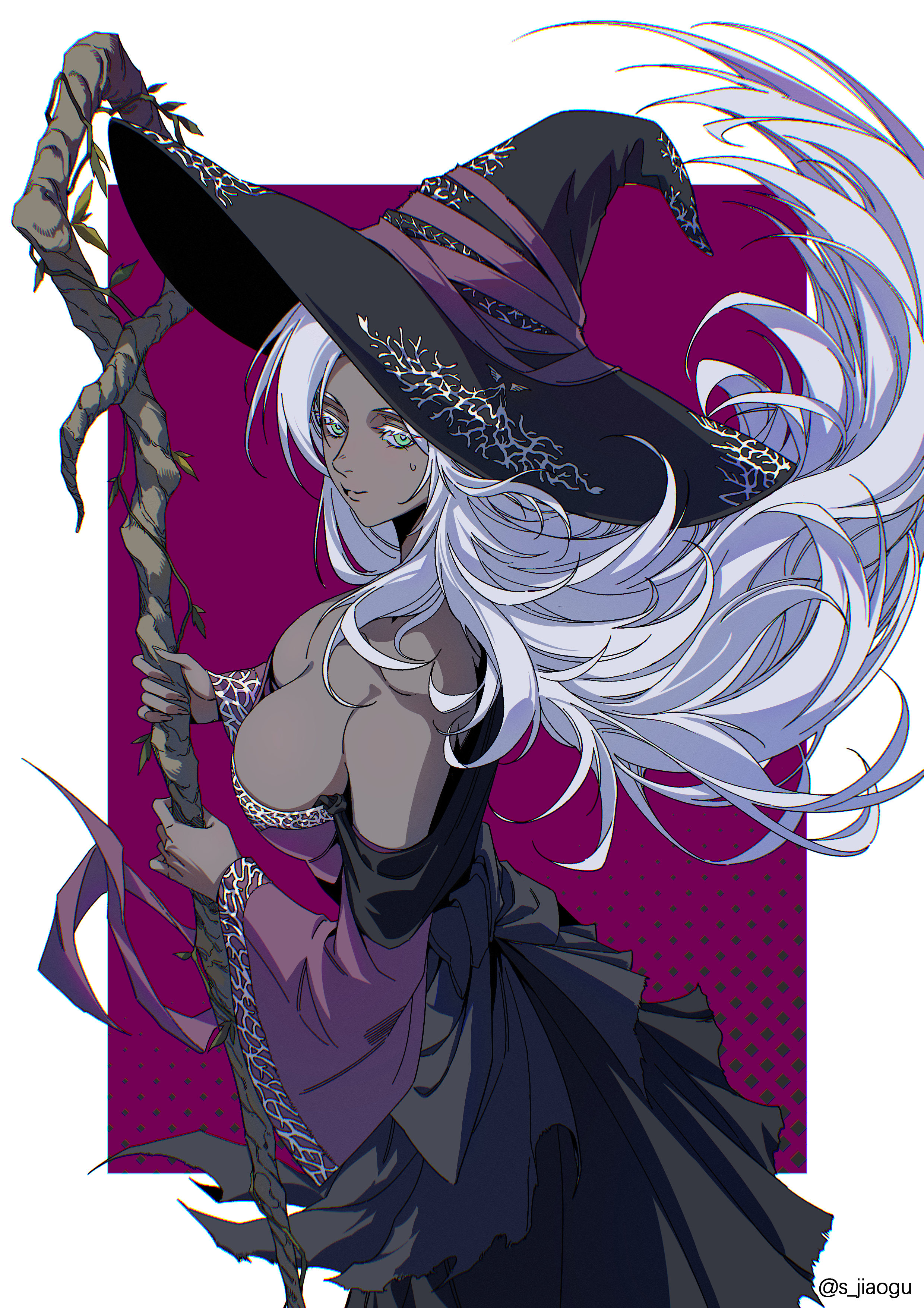 s jiaogu, recluse (elden ring), elden ring, elden ring nightreign, absurdres, commentary, highres, 1girl, bare shoulders, black dress, black hat, breasts, dark-skinned female, dark skin, dress, floating hair, from side, green eyes, hat, holding, holding staff, large breasts, long hair, long sleeves, looking at viewer, looking to the side, smile, solo, staff, twitter username, white hair, witch hat