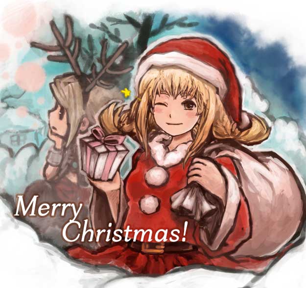 piranosuke, penelo, vaan (ff12), final fantasy, final fantasy xii, 00s, 1boy, 1girl, ;d, antlers, blonde hair, blush, box, brown eyes, christmas, gift, gift box, hat, holding, horns, looking at viewer, one eye closed, open mouth, over shoulder, parted lips, pom pom (clothes), reindeer antlers, sack, santa costume, santa hat, smile, tareme, upper body, wink