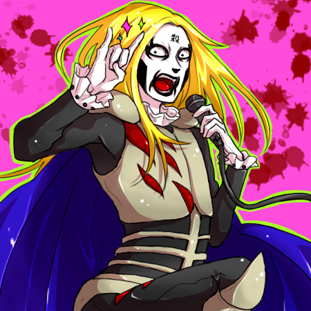 johannes krauser ii, detroit metal city, macross, macross frontier, lowres, m/, n/, blonde hair, male focus, microphone, parody, seikan hikou, solo