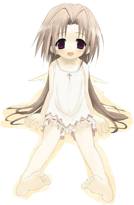 shiro (octet), phorni, phorni (symphonic rain), symphonic rain, 1girl, :d, barefoot, brown hair, dress, feet, female focus, full body, jewelry, long hair, looking at viewer, necklace, open mouth, pendant, simple background, smile, solo, very long hair, white background, white dress