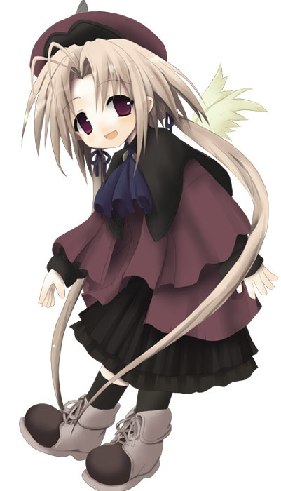 shiro (octet), phorni, phorni (symphonic rain), symphonic rain, cross-laced footwear, eyebrows, silver hair, 1girl, :d, antenna hair, ascot, black socks, blonde hair, boots, dress, female focus, frills, full body, hair ribbon, hat, kneehighs, long hair, long sleeves, low twintails, open mouth, parted bangs, red eyes, ribbon, shoes, single kneehigh, single sock, smile, socks, solo, standing, twintails, very long hair, white background, wings