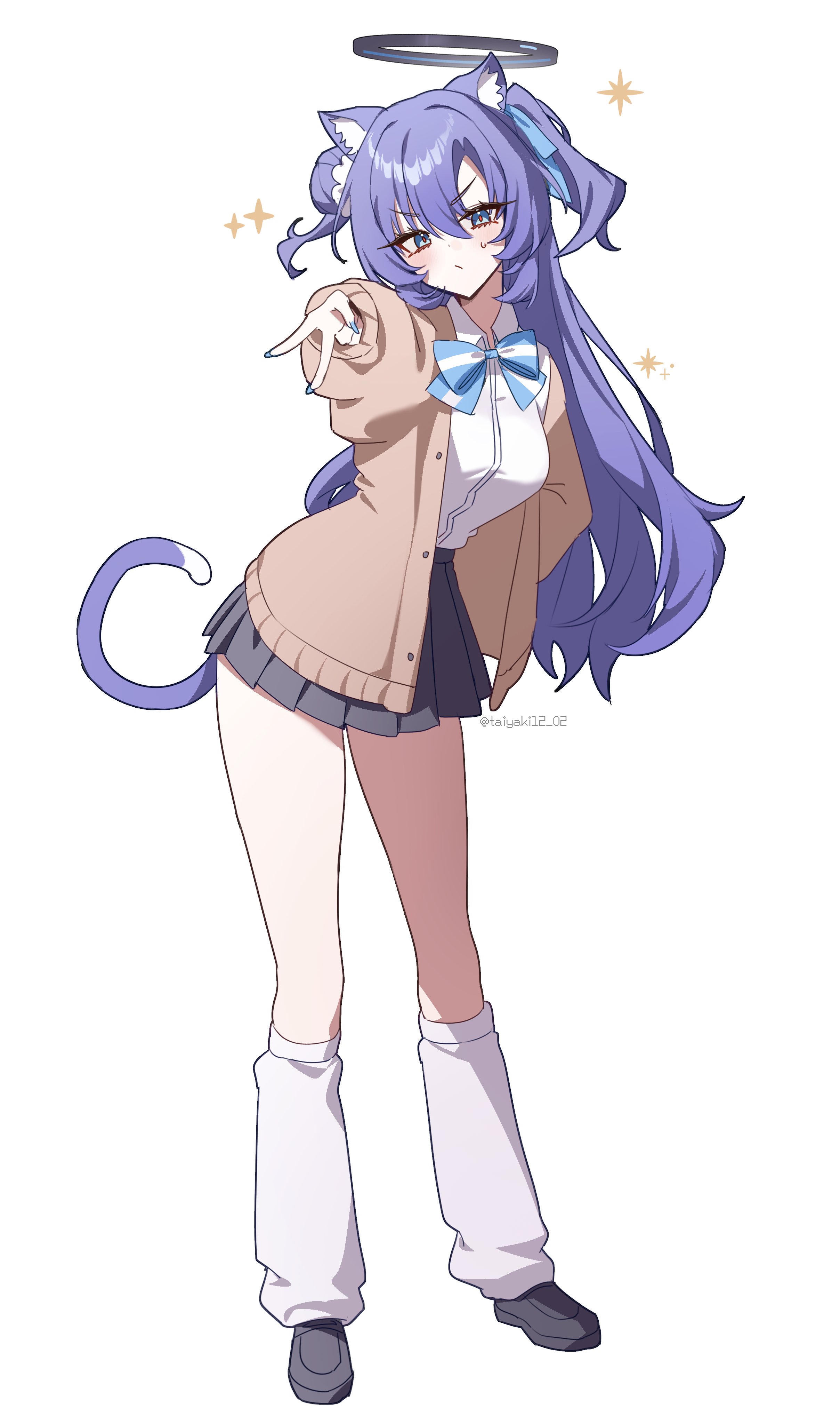 taiyaki12, yuuka (blue archive), blue archive, absurdres, commentary request, highres, 1girl, animal ears, black halo, black shoes, blue eyes, blue hair, cat ears, cat girl, cat tail, full body, halo, kemonomimi mode, looking at viewer, loose socks, shoes, simple background, socks, solo, standing, tail, white background, white socks