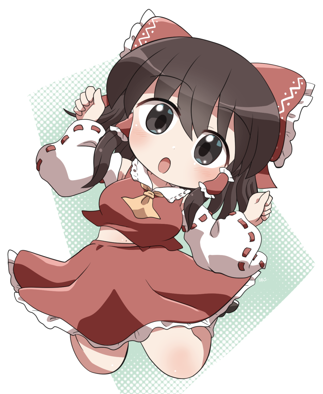 rokugou daisuke, hakurei reimu, touhou, commentary request, highres, 1girl, :o, black hair, blush, brown eyes, chibi, dress, frilled dress, frills, hair ribbon, navel, red dress, ribbon