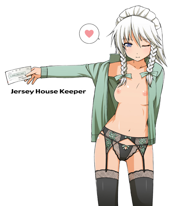 yatsune rika, izayoi sakuya, touhou, bad id, bad pixiv id, 1girl, black panties, black thighhighs, blue eyes, bow, bow panties, braid, breasts, female focus, garter belt, heart, jacket, jersey, lingerie, medium breasts, nipples, no bra, one eye closed, open clothes, open shirt, panties, shirt, smile, solo, spoken heart, thighhighs, track jacket, twin braids, underwear, white hair, wink