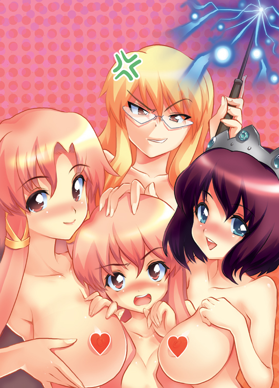 hikapan, saeki shun, tosh (imonade ryouchou), cattleya yvette la baume le blanc de la fontaine, eleanor albertine le blanc de la blois de la valliere, henrietta de tristain, louise francoise le blanc de la valliere, zero no tsukaima, 00s, 4girls, angry, black hair, blonde hair, blue eyes, blush, breast smother, breasts, censored, censored nipples, face to breasts, glasses, grin, hand on another's head, heart, heart censor, large breasts, long hair, magic, multiple girls, nude, pink eyes, pink hair, purple hair, short hair, siblings, sisters, smile, tiara, wand, yellow eyes