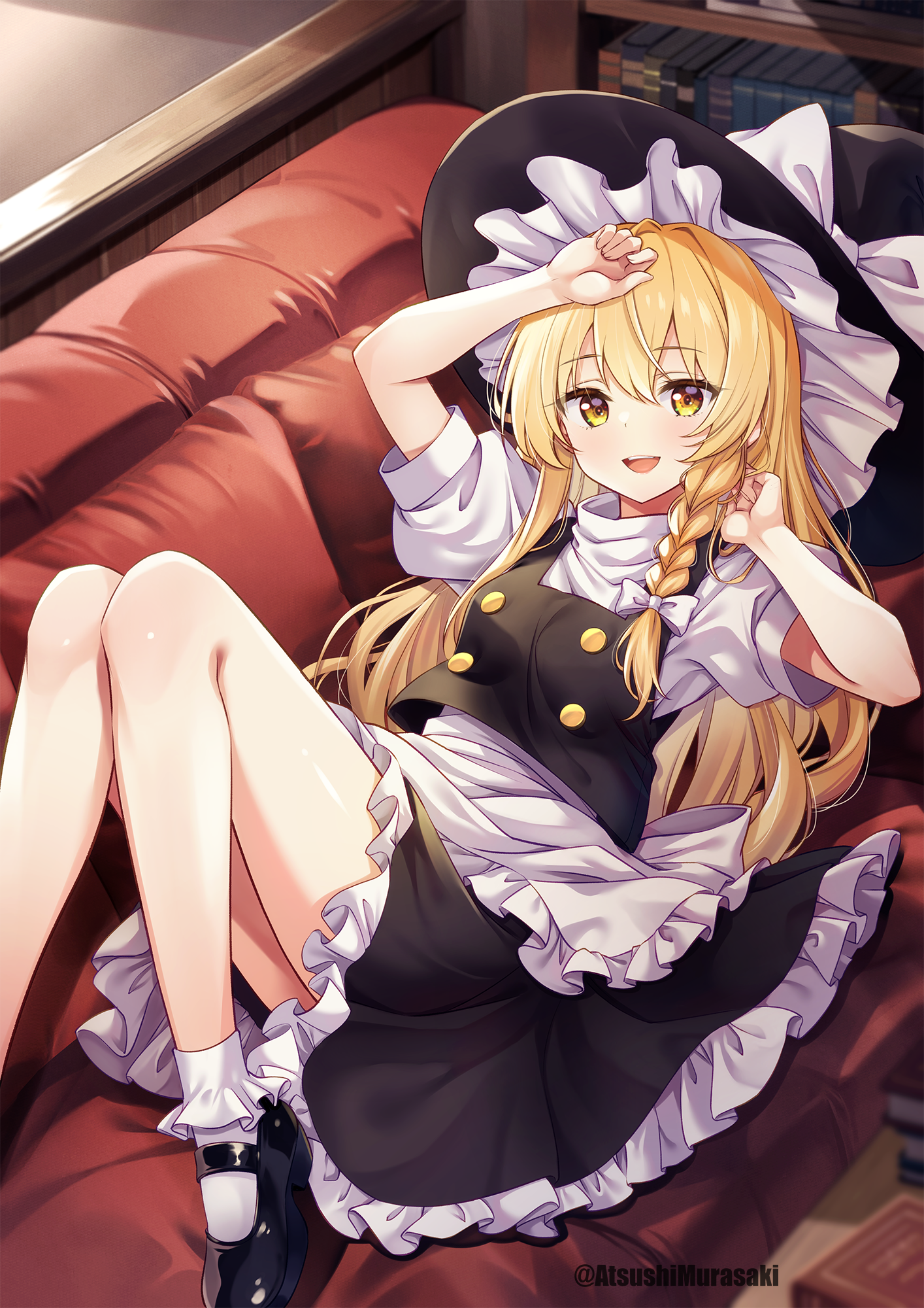 murasaki atsushi, kirisame marisa, touhou, commentary request, highres, 1girl, :d, apron, ascot, black hat, black shoes, black skirt, blonde hair, bobby socks, book, bow, couch, frilled apron, frilled skirt, frills, hat, hat bow, long hair, lying, mary janes, on back, on couch, open mouth, puffy short sleeves, puffy sleeves, shirt, shoes, short sleeves, sidelocks, skirt, smile, socks, solo, turtleneck, very long hair, waist apron, white apron, white shirt, white socks, witch, witch hat, yellow ascot, yellow eyes