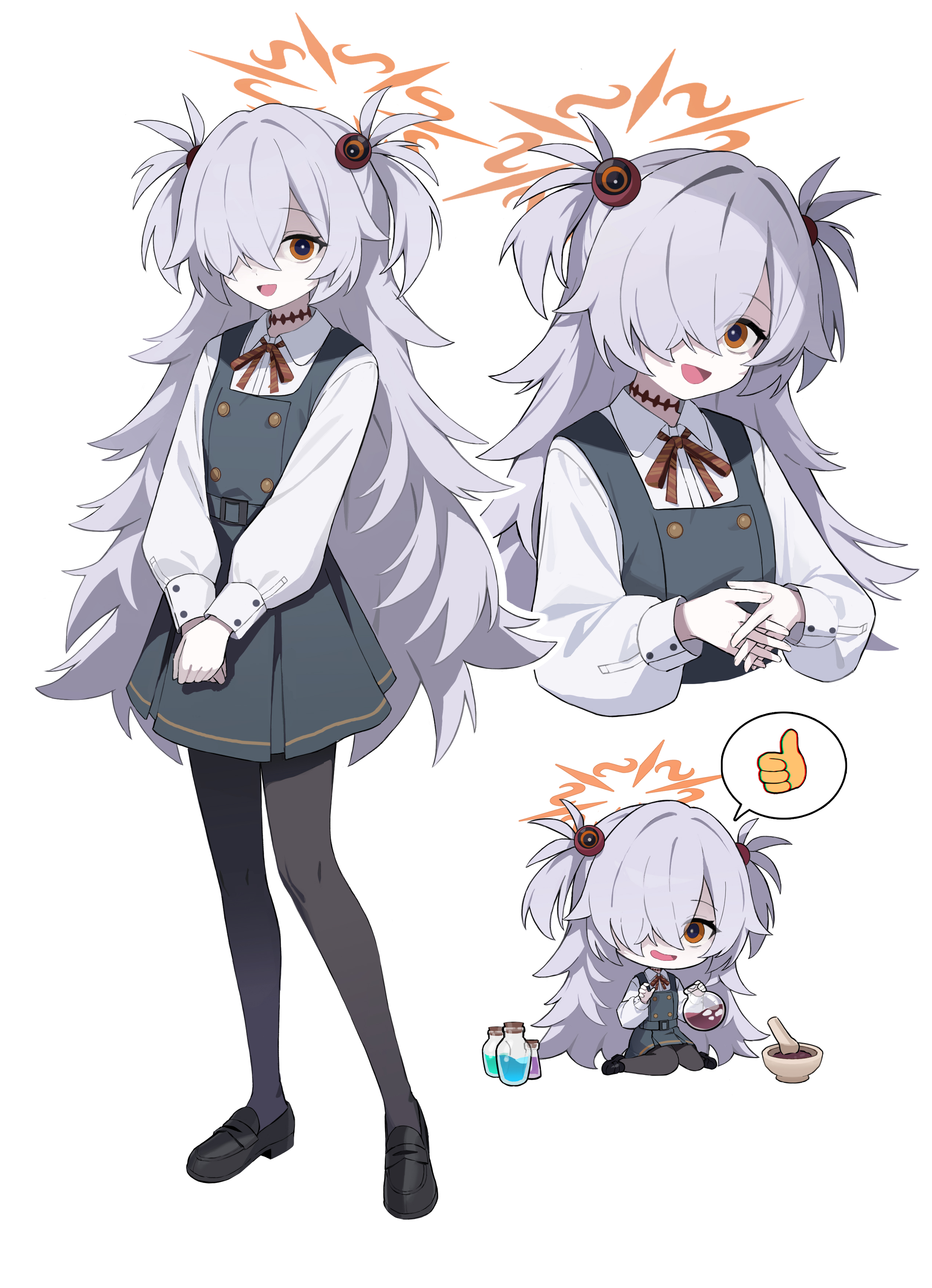 fuwawa (fuwawa617), kanoe (blue archive), blue archive, absurdres, highres, :d, arms up, bags under eyes, black eyes, black pantyhose, bow, bowtie, brown choker, brown eyes, brown halo, buttons, chibi, choker, collared shirt, diagonal-striped bow, diagonal-striped bowtie, diagonal-striped clothes, dot nose, double-breasted, dress, full body, hair bobbles, hair ornament, hair over one eye, halo, holding, holding vial, interlocked fingers, long hair, long sleeves, looking at viewer, mojyo, multicolored eyes, multiple views, on floor, open mouth, own hands together, pantyhose, pinafore dress, potion, puffy sleeves, shirt, shoes, short twintails, sidelighting, simple background, sleeveless, sleeveless dress, smile, spoken thumbs up, striped bow, striped bowtie, striped clothes, twintails, two-tone eyes, upper body, very long hair, vial, wavy mouth, white background, white sleeves