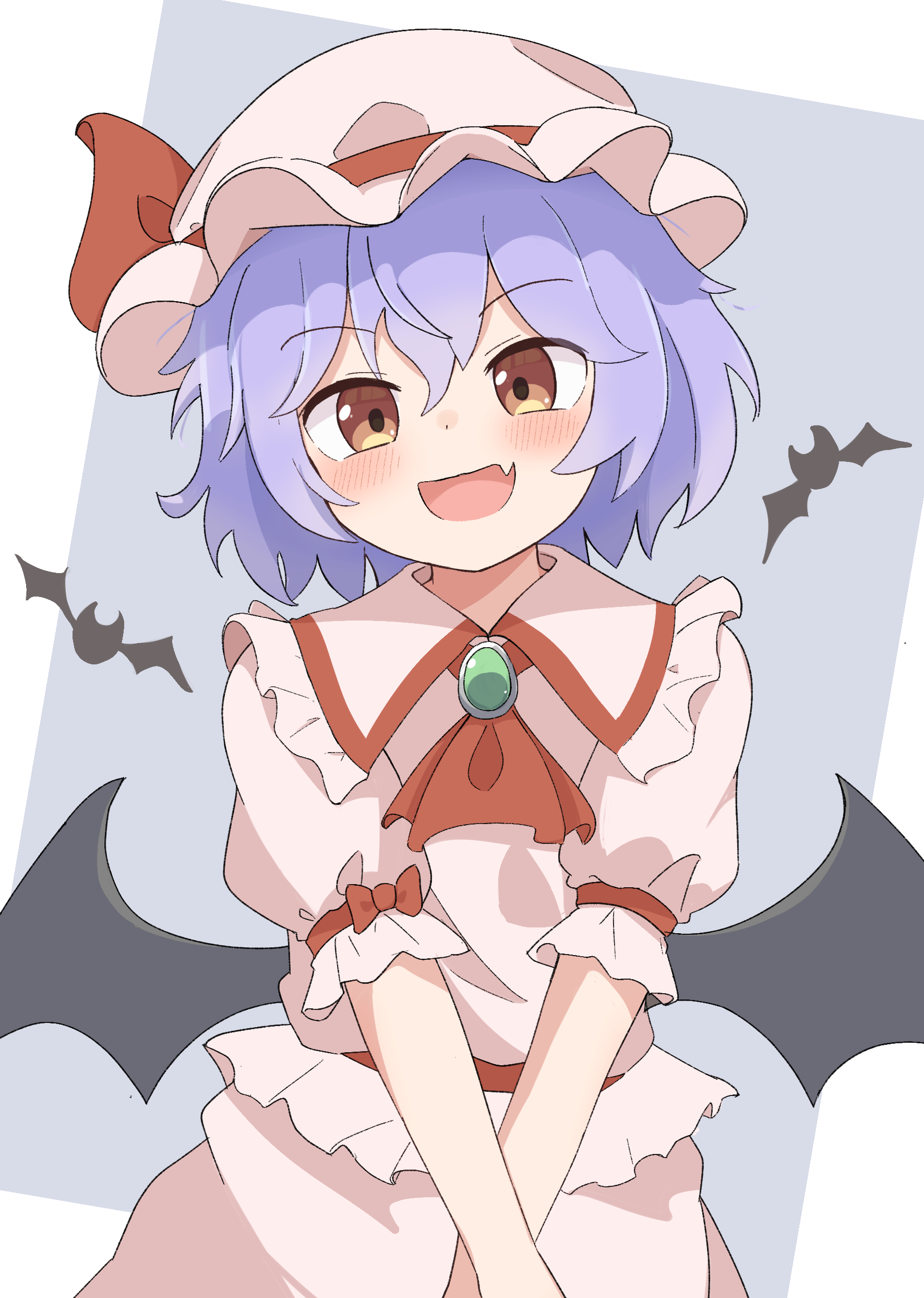 haya s2, remilia scarlet, touhou, absurdres, commentary request, highres, 1girl, :d, animal print, ascot, bat print, bat wings, blue hair, blush, brooch, collared shirt, fang, frilled shirt collar, frills, hat, hat ribbon, jewelry, looking at viewer, mob cap, open mouth, pink hat, pink shirt, pink skirt, puffy short sleeves, puffy sleeves, red ascot, red eyes, red ribbon, ribbon, shirt, short hair, short sleeves, skin fang, skirt, skirt set, smile, solo, upper body, wings