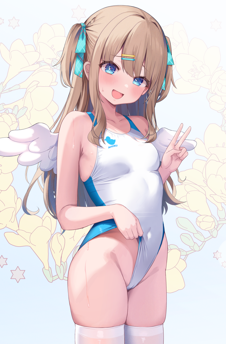 yoshiheihe, watamiya ahiru, varium, commentary request, highres, 1girl, :d, aqua ribbon, blue background, blue eyes, breasts, brown hair, competition swimsuit, covered navel, floral background, gradient background, hair ribbon, highleg, highleg one-piece swimsuit, long hair, looking at viewer, one-piece swimsuit, open mouth, ribbon, small breasts, smile, solo, swimsuit, thighhighs, v, virtual youtuber, white one-piece swimsuit, white thighhighs, white wings, wings