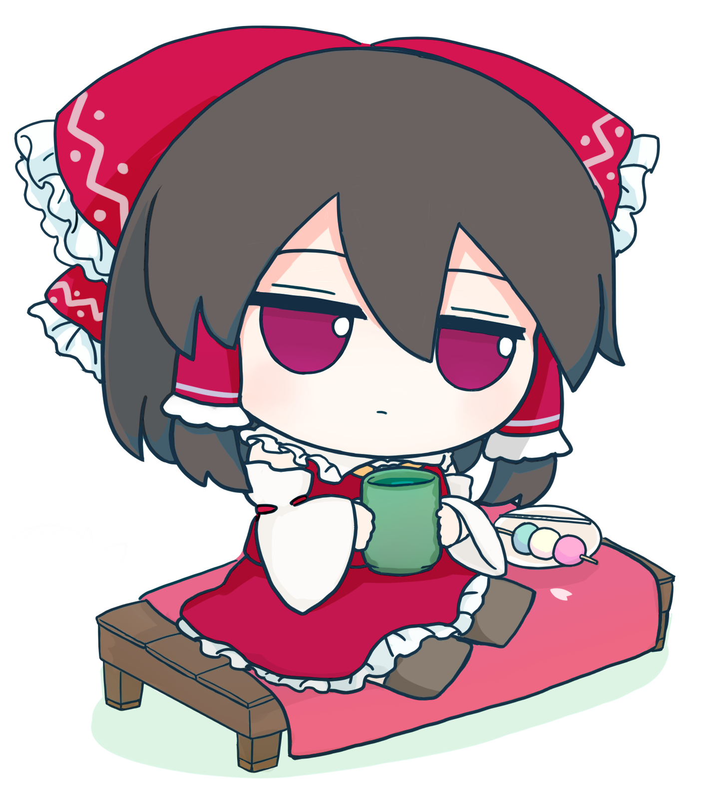 azuma meri, hakurei reimu, touhou, commentary request, highres, revision, 1girl, ascot, bench, blanket, bow, brown hair, brown shoes, candy, character doll, closed mouth, cup, detached sleeves, doll, eyebrows hidden by hair, food, frilled bow, frills, full body, fumo (doll), green tea, hair between eyes, hair bow, hair tubes, holding, looking at viewer, medium hair, nontraditional miko, red bow, red eyes, red ribbon, red shirt, red skirt, ribbon, ribbon-trimmed sleeves, ribbon trim, shirt, shoes, sidelocks, simple background, sitting, skirt, skirt set, sleeveless, solo, tea, white background, yellow ascot