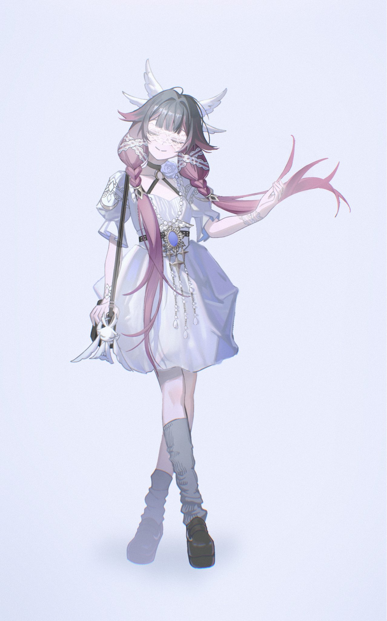 big itachi, columbina (genshin impact), genshin impact, highres, 1girl, alternate costume, alternate hairstyle, asymmetrical legwear, belt, black belt, black choker, black hair, black shoes, choker, closed eyes, closed mouth, dress, facing viewer, full body, grey background, hair intakes, halterneck, head wings, multicolored hair, puffy short sleeves, puffy sleeves, purple hair, shoes, short sleeves, simple background, smile, socks, solo, two-tone hair, uneven legwear, white dress, wings