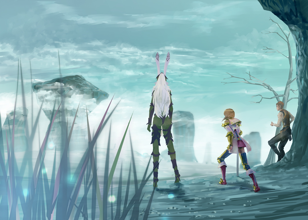 tamago tomato, ashelia b'nargin dalmasca, balflear, fran (ff12), final fantasy, final fantasy xii, ivalice alliance, 00s, 1boy, 2girls, ass, bare tree, day, grass, high heels, leaning, long hair, miniskirt, multiple girls, outdoors, pirate, princess, scenery, shoes, skirt, standing, tree, viera, weapon, white hair