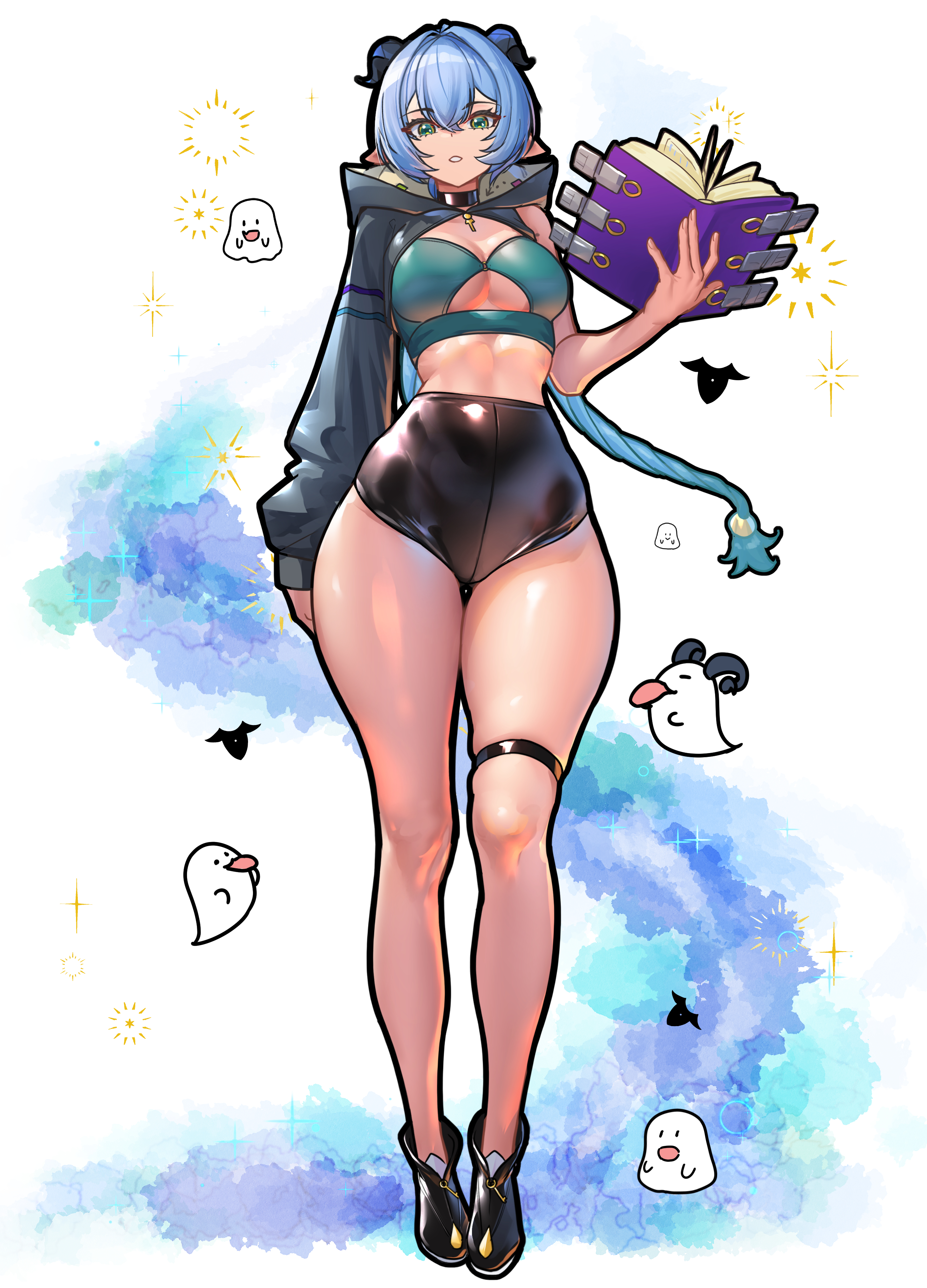 nicchi, lucia (zenless zone zero), zenless zone zero, absurdres, commentary request, highres, 1girl, black shoes, black unitard, blue hair, book, bra, braid, braided ponytail, breasts, cape, cleavage, cloud, collar, ghost, goat, goat horns, green bra, green eyes, grey shrug, hair between eyes, hair ornament, high-waist shorts, holding, holding book, hooded shrug, horns, looking at viewer, midriff, pointy ears, shoes, shorts, shrug (clothing), single bare arm, single bare shoulder, solo, sparkle, standing, stomach, teeth, thigh strap, thighs, tongue, tongue out, underboob, underwear, white background, wide hips