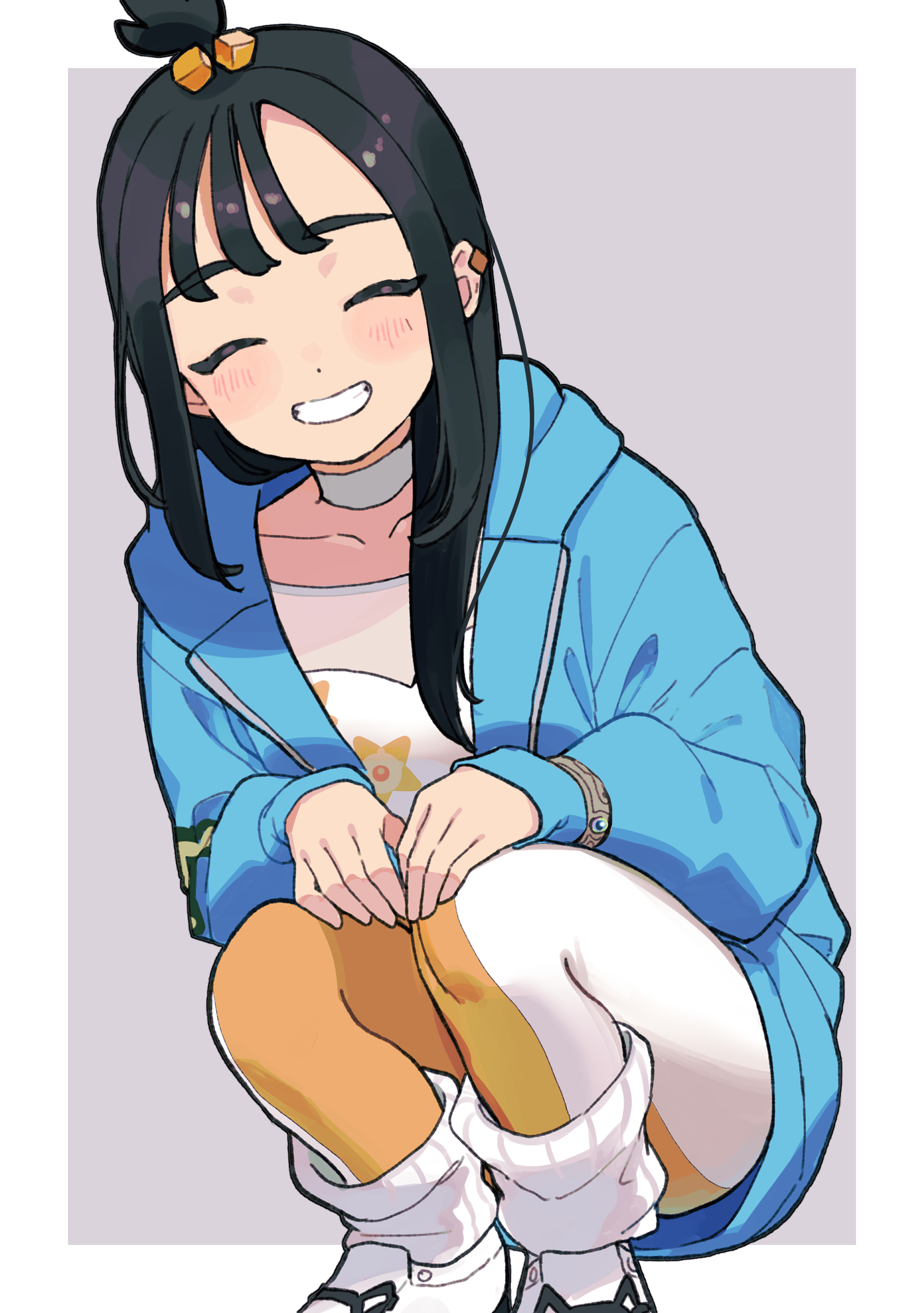 furukawa raku, lida (pokemon), nintendo, pokemon, pokemon legends: z-a, absurdres, highres, 1girl, black hair, blue hoodie, blush, closed eyes, cube hair ornament, earclip, facing viewer, hair ornament, hood, hood down, hoodie, leggings, long hair, long sleeves, open mouth, orange leggings, ribbed socks, shirt, simple background, smile, socks, solo, squatting, teeth, topknot, two-tone legwear, white leggings, wispy bangs
