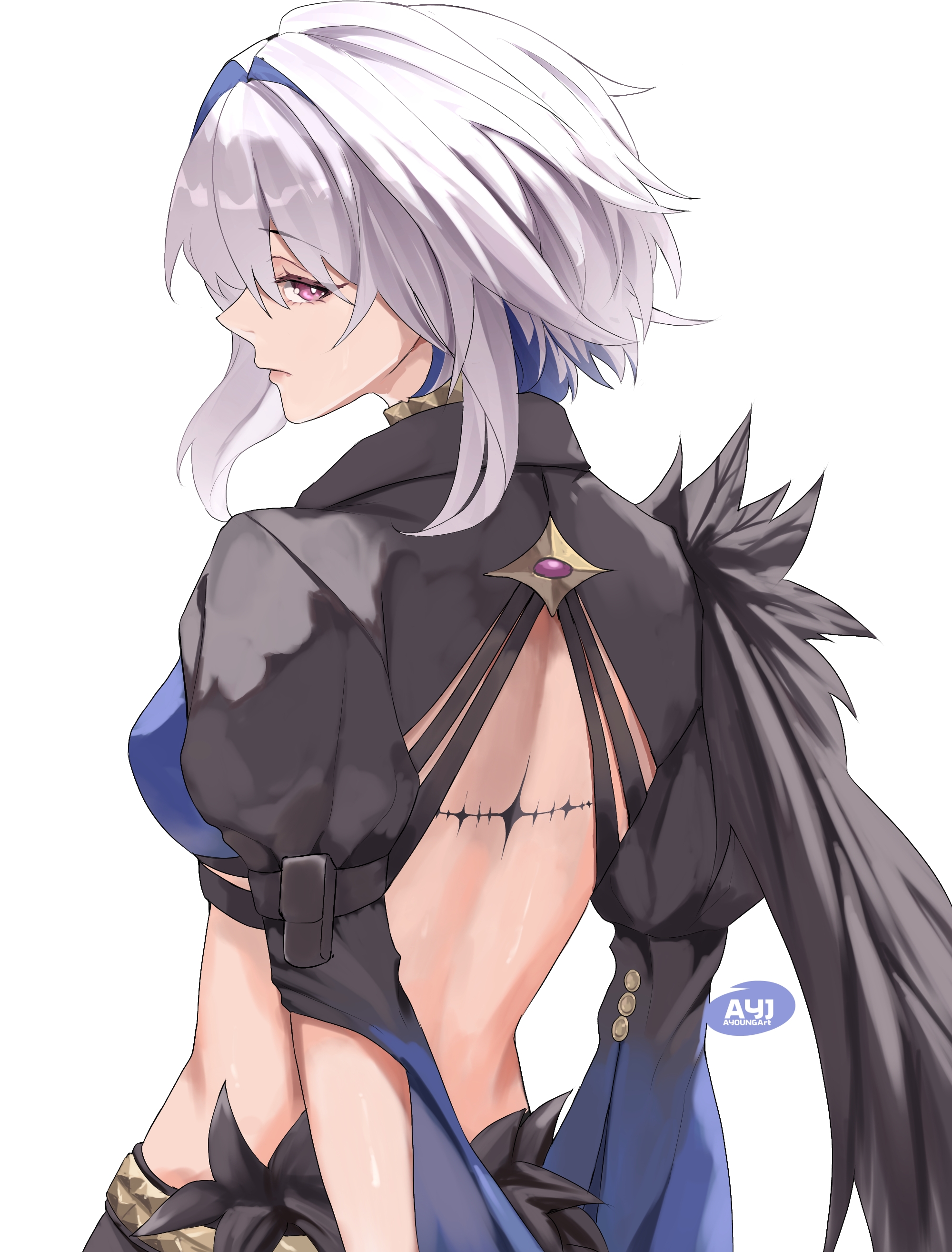 ayoungart, galbrena (wuthering waves), wuthering waves, absurdres, commentary, highres, 1girl, artist name, back, black jacket, blue bra, blue hair, bra, breasts, closed mouth, colored inner hair, cropped jacket, grey hair, hair intakes, jacket, looking at viewer, median furrow, medium breasts, multicolored hair, purple eyes, sideways glance, simple background, solo, tacet mark (wuthering waves), underwear, upper body, whip