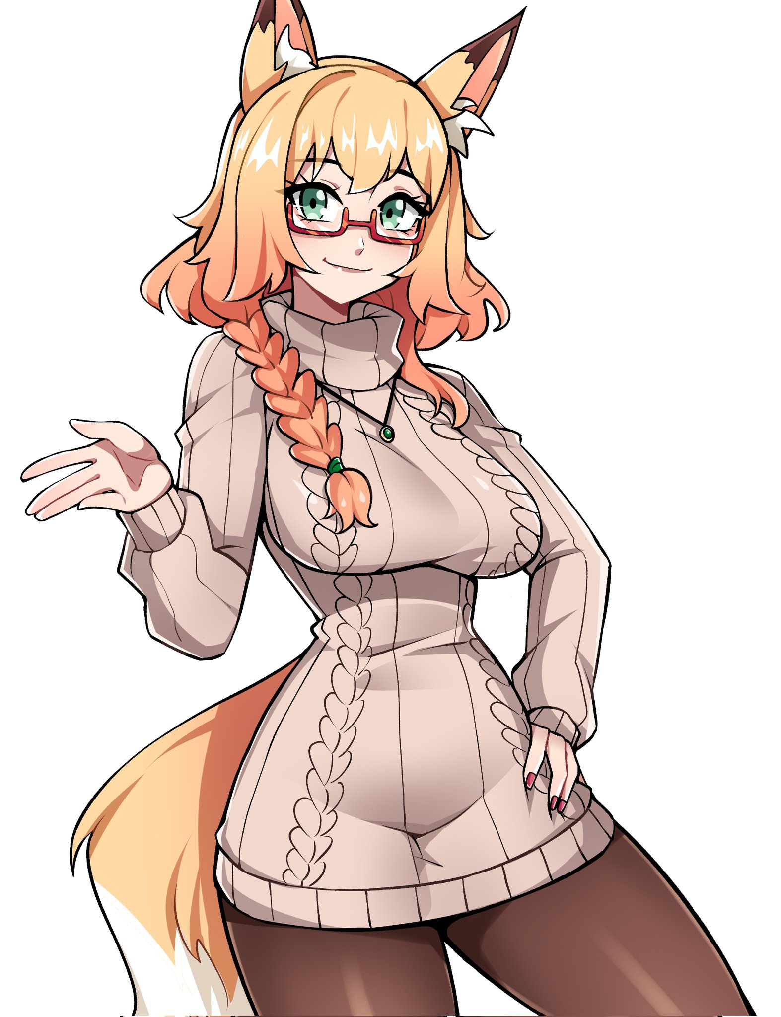 oninuer, original, commentary, english commentary, highres, 1girl, animal ear fluff, animal ears, blonde hair, braid, breasts, brown pantyhose, choppy bangs, closed mouth, cowboy shot, fox ears, fox girl, fox tail, glasses, green eyes, grey sweater, hand up, jewelry, large breasts, long hair, long sleeves, looking at viewer, necklace, pantyhose, red-framed eyewear, ribbed sweater, semi-rimless eyewear, simple background, single braid, smile, solo, sweater, tail, under-rim eyewear, white background
