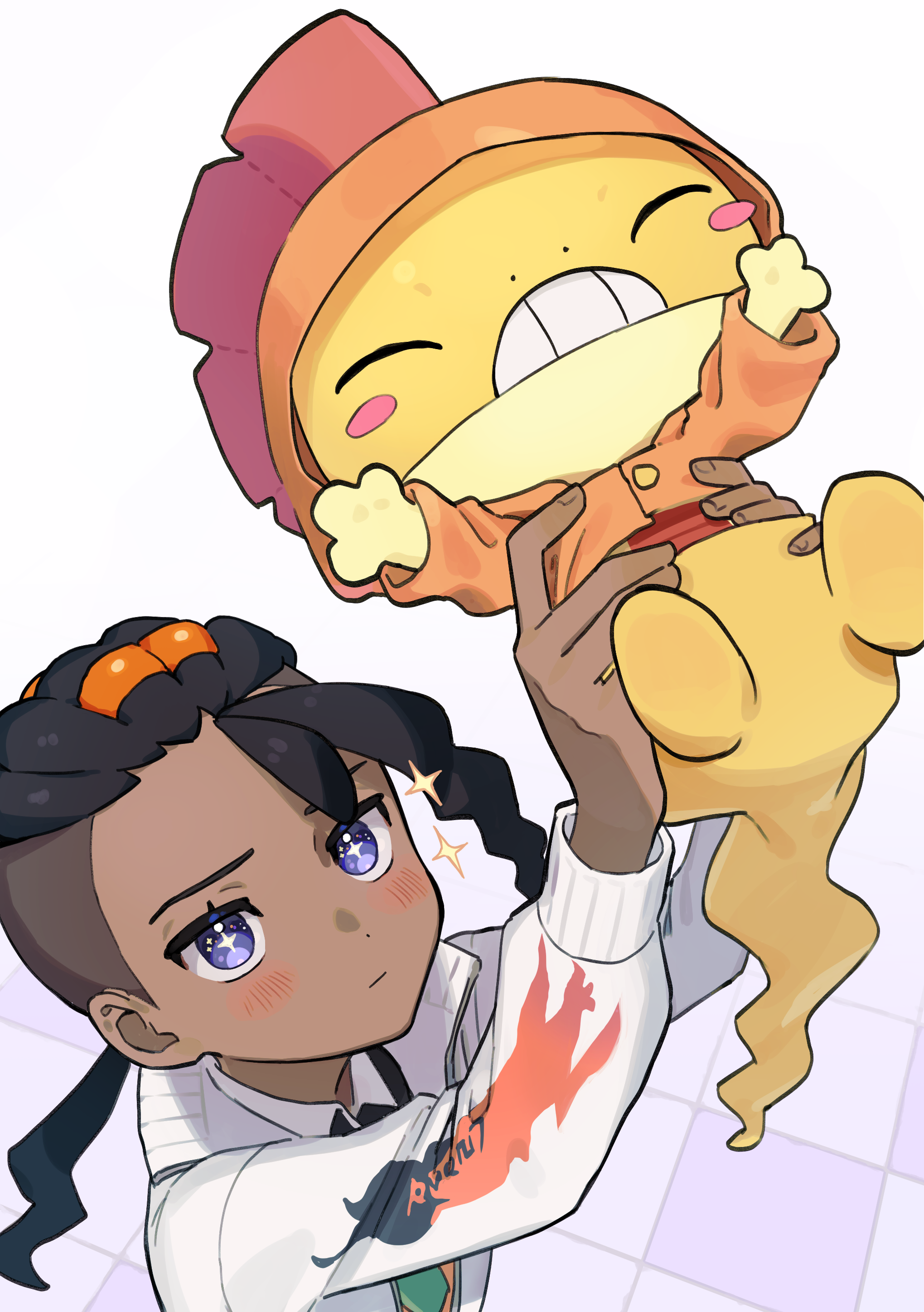 furukawa raku, naveen (pokemon), scraggy, nintendo, pokemon, pokemon legends: z-a, absurdres, commentary request, highres, + +, 1boy, arms up, black hair, blush, closed mouth, clothed pokemon, gen 5 pokemon, holding, holding pokemon, jacket, long hair, long sleeves, looking up, male focus, pokemon (creature), sparkle, undercut, white jacket