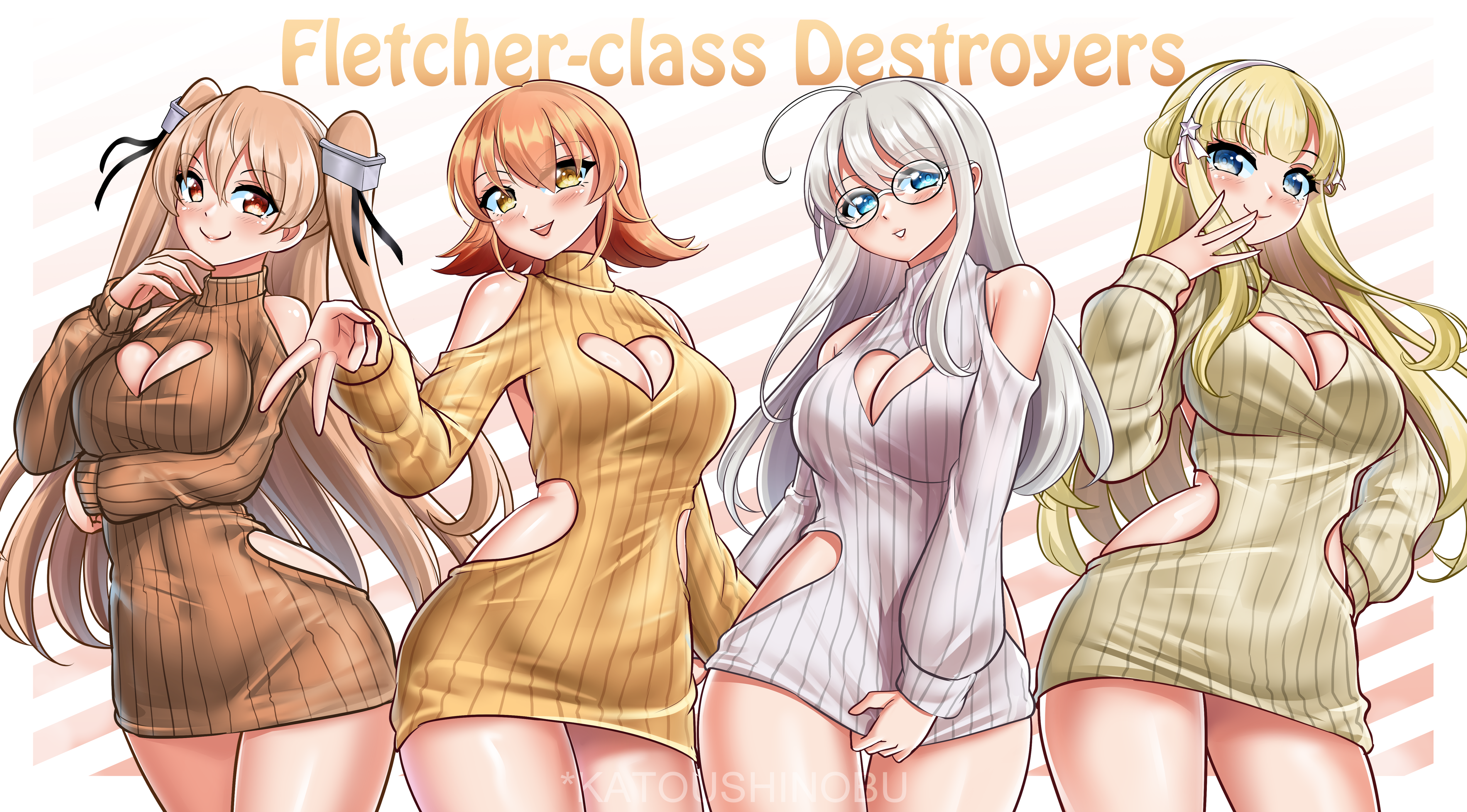 katou shinobu, fletcher (kancolle), fletcher kai (kancolle), heywood l. edwards (kancolle), johnston (kancolle), richard p. leary (kancolle), kantai collection, absurdres, commentary, highres, 4girls, ahoge, alternate costume, blonde hair, blue eyes, blush, breasts, brown dress, brown eyes, brown hair, brown sweater, cleavage, cleavage cutout, clothing cutout, country connection, cowboy shot, dated, double bun, dress, english text, flipped hair, glasses, grey hair, hair bun, hair ornament, hairband, heart cutout, hip vent, large breasts, long hair, long sleeves, looking at viewer, medium breasts, multiple girls, ojou-sama pose, one-hour drawing challenge, open mouth, short hair, shoulder cutout, side cutout, simple background, smile, solo, star (symbol), star hair ornament, sweater, sweater dress, v, very long hair, white background, white hairband, white sweater, yellow sweater