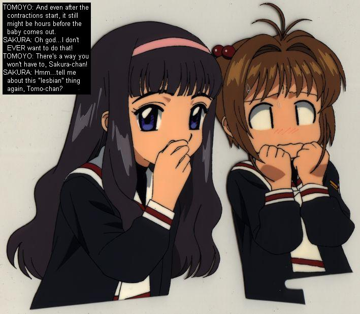 daidouji tomoyo, kinomoto sakura, cardcaptor sakura, 1990s (style), 2girls, black hair, blush, brown hair, comic, english text, long hair, multiple girls, retro artstyle, school uniform, short hair, simple background, tomoeda middle school uniform, whispering, yuri