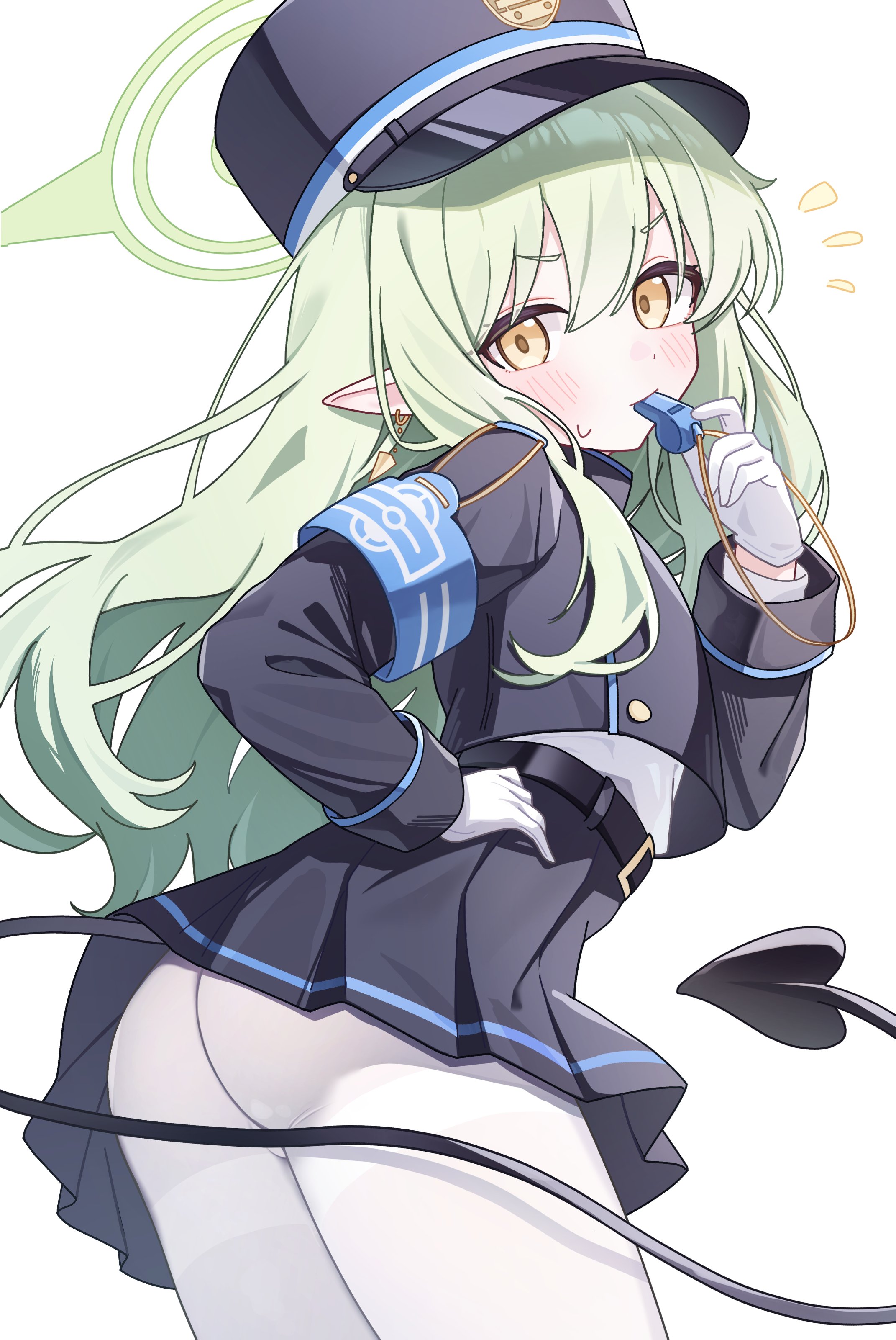 nonddu, hikari (blue archive), blue archive, absurdres, highres, armband, ass, belt, black belt, black jacket, black skirt, blowing whistle, blue armband, bright pupils, buttons, cowboy shot, cropped jacket, demon tail, double-breasted, earrings, facing away, gloves, green hair, green halo, hair between eyes, halo, hat, heart, heart tail, holding, holding whistle, jacket, jewelry, light blush, long hair, long sleeves, looking back, military hat, pantyhose, pleated skirt, pointy ears, simple background, skirt, sweatdrop, tail, v-shaped eyebrows, whistle, whistling, white background, white gloves, white pantyhose, white sleeves, yellow eyes