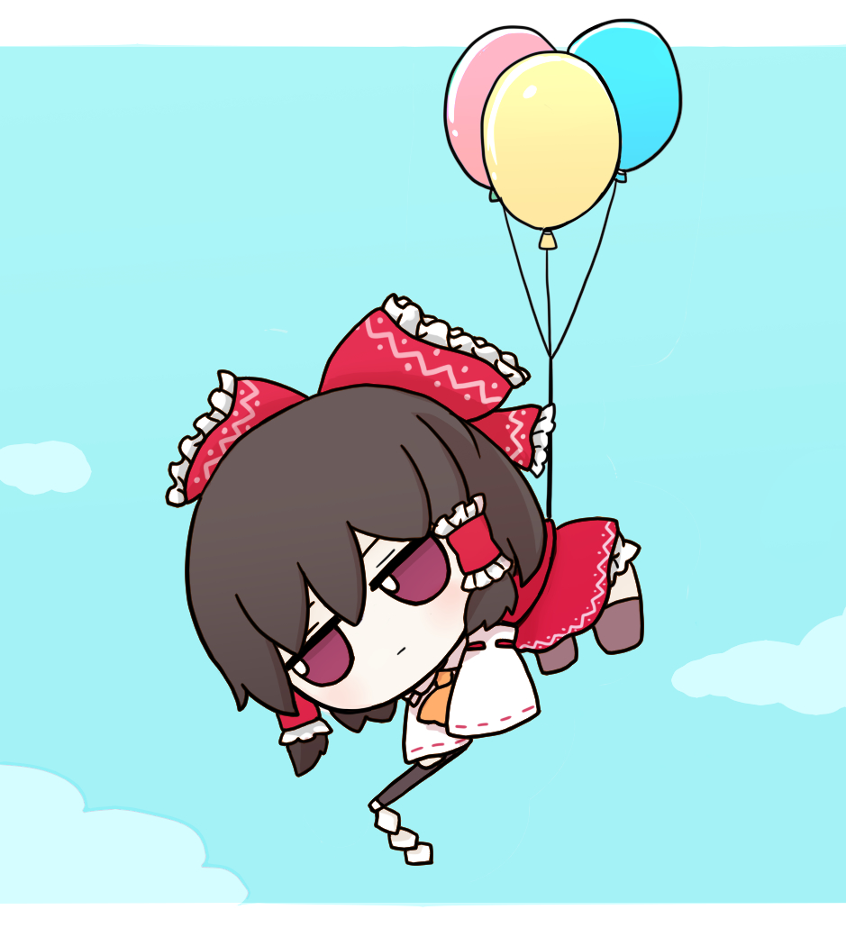 azuma meri, hakurei reimu, touhou, commentary request, 1girl, ascot, balloon, bloomers, blue sky, bow, brown eyes, brown hair, brown shoes, character doll, cloud, collar, detached sleeves, doll, floating, frilled hair tubes, frills, fumo (doll), gohei, hair bow, hair tubes, medium hair, nontraditional miko, red bow, red eyes, red shirt, red skirt, ribbon-trimmed sleeves, ribbon trim, shirt, shoes, sidelocks, skirt, skirt set, sky, sleeveless, solo, underwear, white collar, yellow ascot