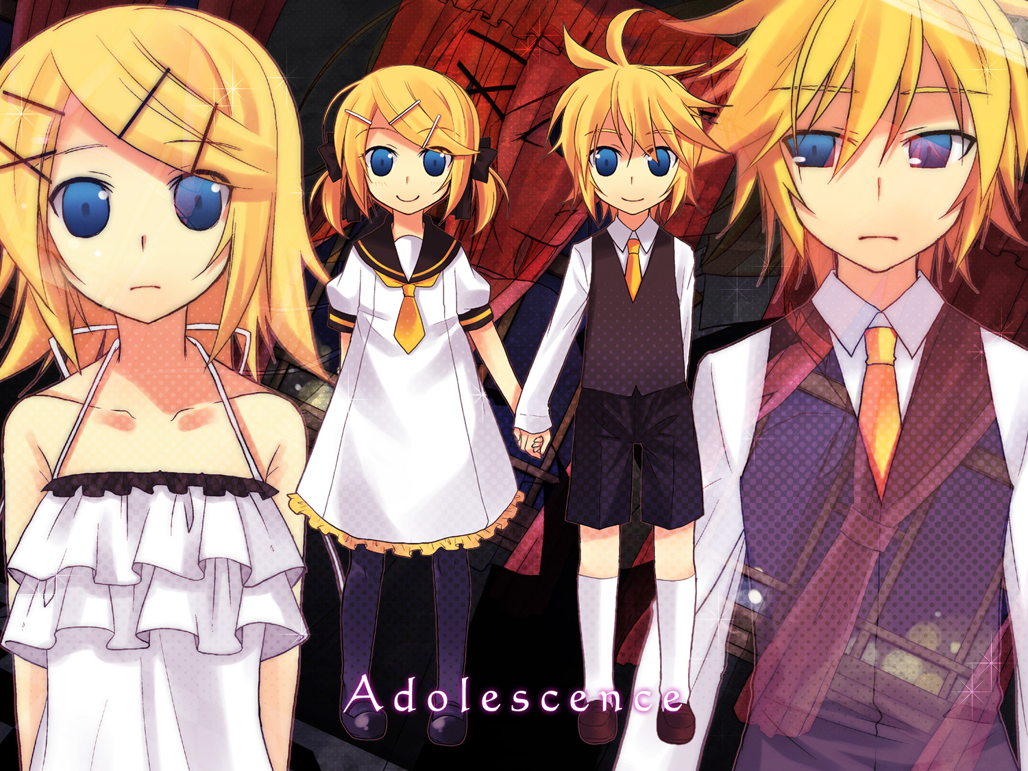 tamura hiro, kagamine len, kagamine rin, adolescence (vocaloid), cendrillon (vocaloid), vocaloid, 1boy, 1girl, aged down, blonde hair, blue eyes, brother and sister, child, messy hair, siblings, song name, twins