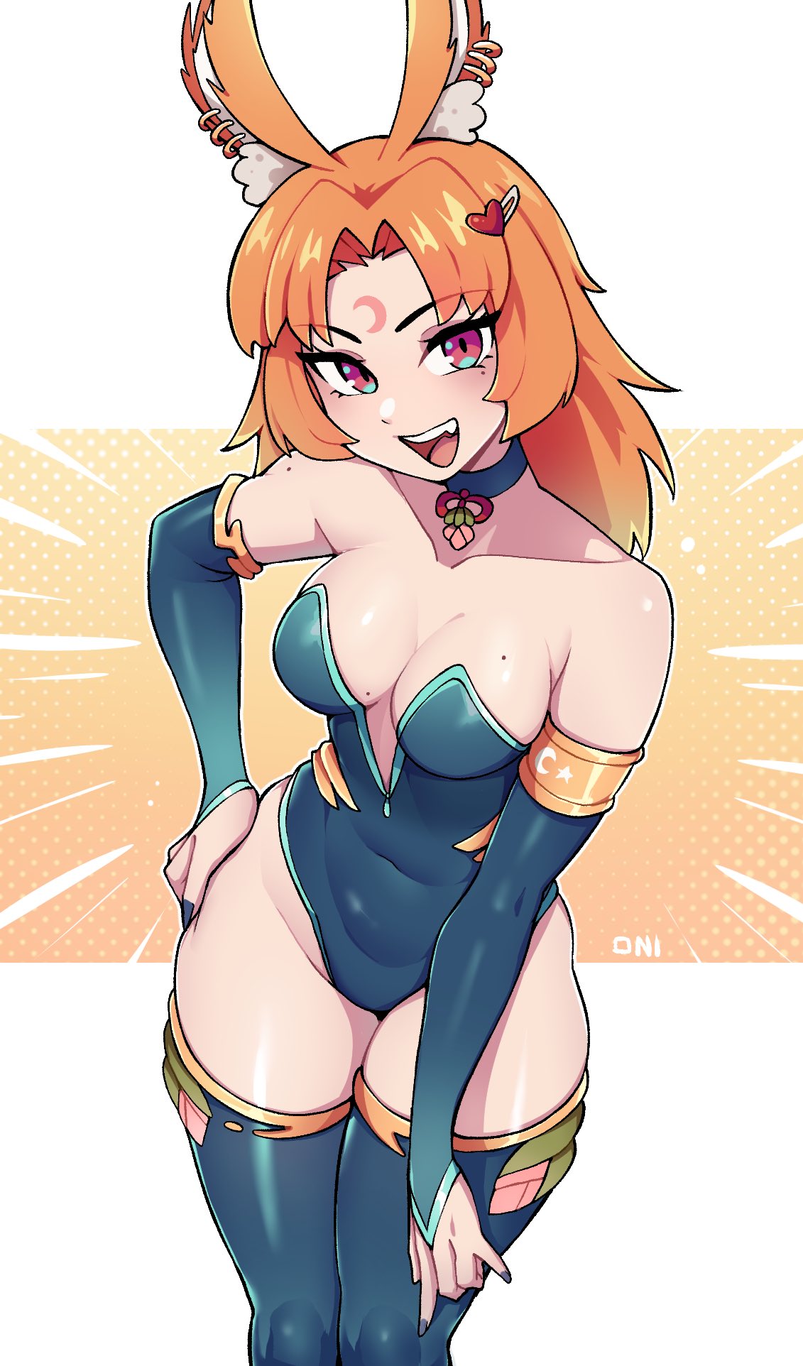 oninuer, original, commentary, commission, english commentary, highres, 1girl, animal ear fluff, animal ears, armpit crease, blue bridal gauntlets, blue choker, blue leotard, blue thighhighs, breasts, bridal gauntlets, choker, cleavage, collarbone, cowboy shot, crescent, crescent facial mark, facial mark, forehead mark, hand on own hip, highleg, highleg leotard, leotard, long hair, looking at viewer, medium breasts, mole, mole on breast, multiple moles, open mouth, orange hair, parted bangs, purple eyes, rabbit ears, rabbit girl, smile, solo, strapless, strapless leotard, thighhighs