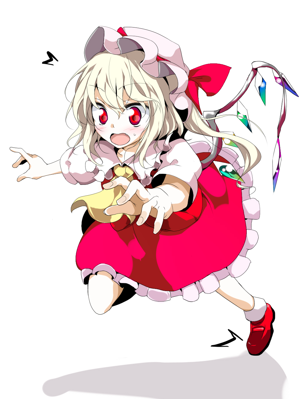 oouso, flandre scarlet, touhou, highres, 1girl, blonde hair, blouse, collared shirt, female focus, hair between eyes, hat, mob cap, open mouth, red eyes, red shoes, shirt, shoes, socks, solo, tripping, white shirt, white socks, wings