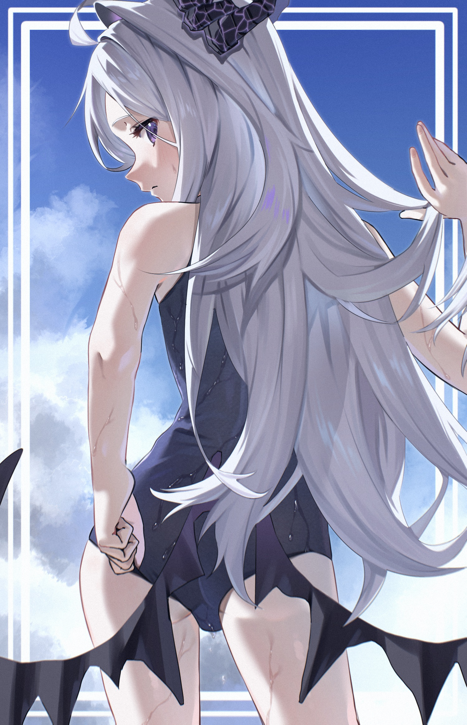 asupa mayo0210, hina (blue archive), blue archive, highres, ahoge, ass, blue sky, blush, demon girl, demon horns, demon wings, horns, long hair, looking at viewer, low wings, old school swimsuit, purple eyes, school swimsuit, sky, standing, swimsuit, very long hair, white hair, wings