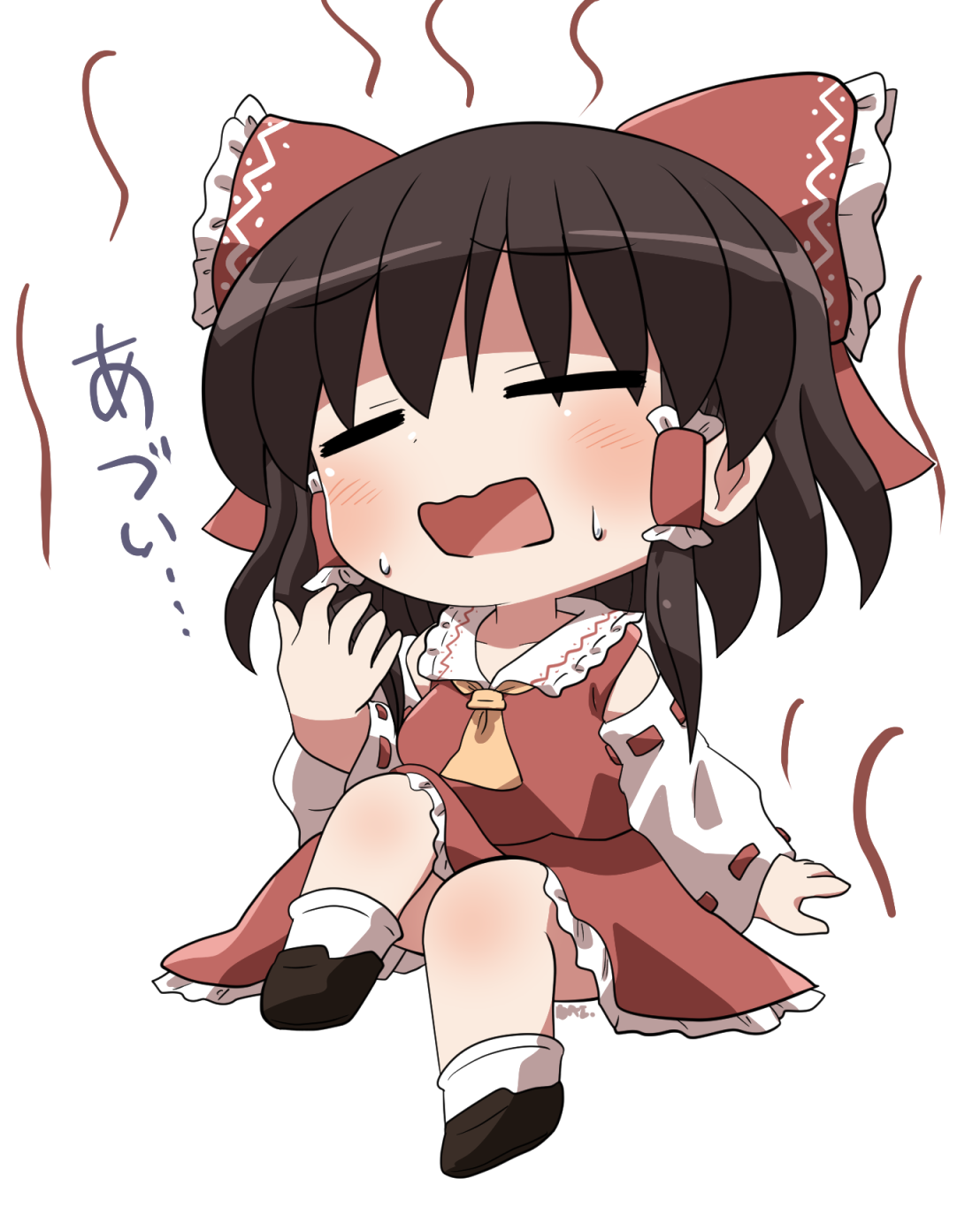 rokugou daisuke, hakurei reimu, touhou, commentary request, highres, translation request, 1girl, brown hair, closed eyes, dress, frilled dress, frills, hair ribbon, kuso atsui (meme), meme, red dress, ribbon, sweat