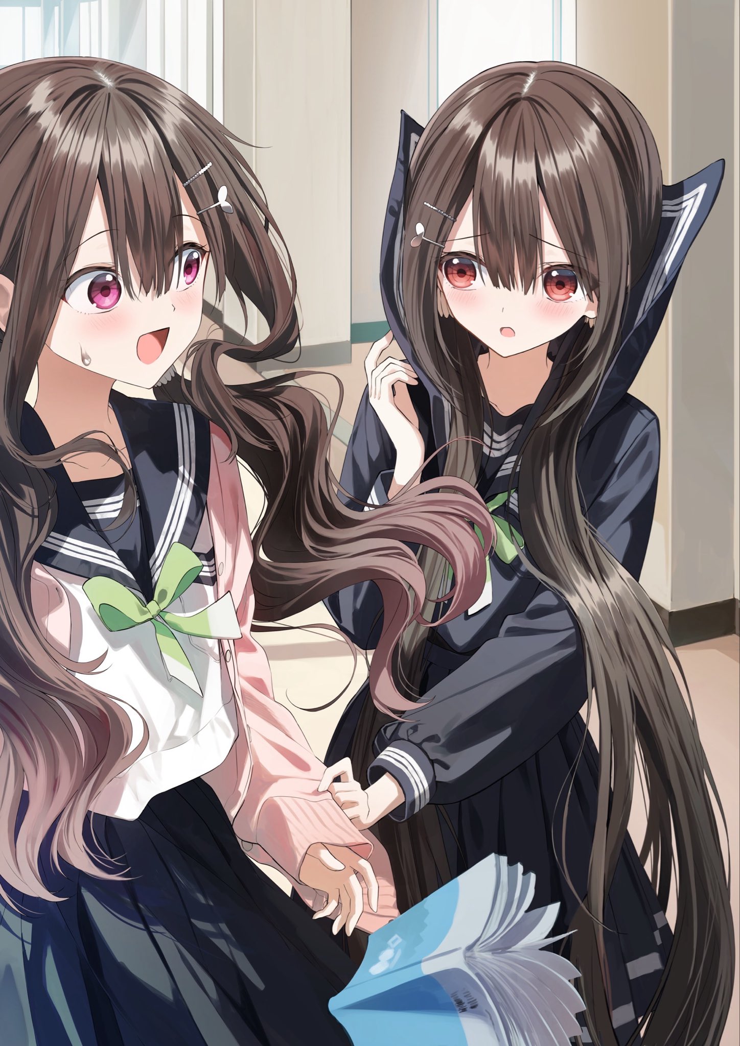 pentagon (railgun ky1206), original, highres, 2girls, black hair, black sailor collar, black serafuku, black shirt, black skirt, blush, book, bow, cardigan, futaba akane (pentagon), futaba kohane (pentagon), green bow, hair between eyes, hair ornament, hairclip, hallway, indoors, long hair, long sleeves, low twintails, multiple girls, open cardigan, open clothes, open mouth, pink cardigan, pleated skirt, popped collar, purple eyes, red eyes, sailor collar, school uniform, serafuku, shirt, siblings, sisters, skirt, sweatdrop, twintails, very long hair, white shirt