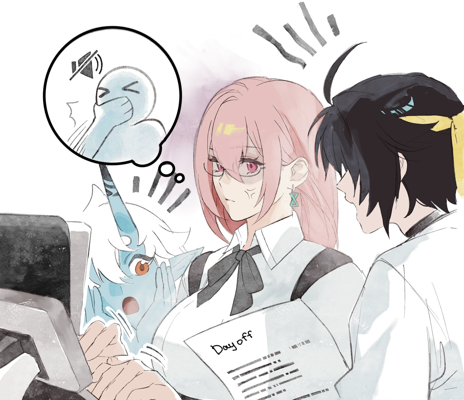 hhhye tw, asaba harumasa, soukaku (zenless zone zero), tsukishiro yanagi, zenless zone zero, commentary, english commentary, highres, 1boy, 2girls, ahoge, anger vein, angry, black bow, black bowtie, black hair, blue horns, blue oni, blue skin, bow, bowtie, chest bow, choker, closed mouth, colored skin, earrings, from side, glasses, hair between eyes, hair between horns, hands on own face, headband, holding, holding paper, horns, hourglass earrings, jewelry, long hair, looking at another, monitor, multicolored horns, multiple girls, notice lines, oni, open mouth, paper, pink eyes, pink hair, pointy ears, red eyes, shirt, short hair, skin-covered horns, speech bubble, thought bubble, two-tone horns, typing, white background, white hair, white shirt, yellow headband