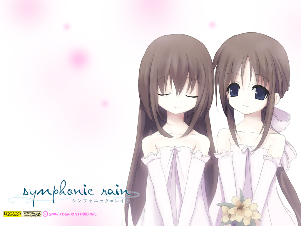shiro (octet), arietta fine, tortinita fine, symphonic rain, 2girls, bare shoulders, blue eyes, blush, bouquet, brown hair, closed eyes, copyright name, dress, flower, long hair, multiple girls, ponytail, sidelocks, tareme, upper body, uppercut, v arms