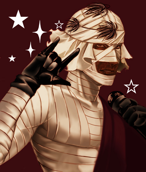 iduhara, shishio makoto, macross, macross frontier, rurouni kenshin, bad id, bad pixiv id, 1boy, m/, bandages, gloves, male focus, microphone, parody, red eyes, seikan hikou, solo