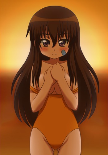 awa, kurosaki ryoko, kemeko deluxe, lowres, 00s, 1girl, black hair, blush, breasts, clothes pull, covering breasts, covering privates, female focus, long hair, one-piece swimsuit, one-piece swimsuit pull, purple eyes, small breasts, solo, sunset, swimsuit
