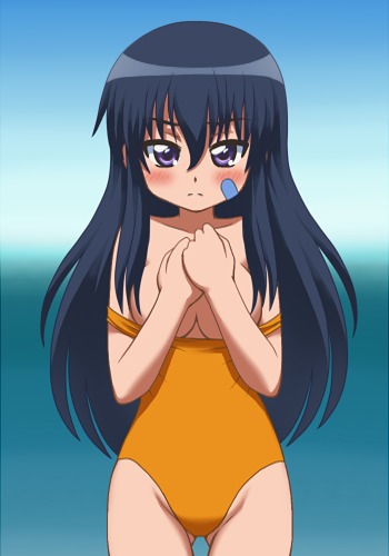 awa, kurosaki ryoko, kemeko deluxe, lowres, 00s, 1girl, black hair, blush, breasts, clothes pull, covering breasts, covering privates, female focus, long hair, one-piece swimsuit, one-piece swimsuit pull, purple eyes, small breasts, solo, swimsuit