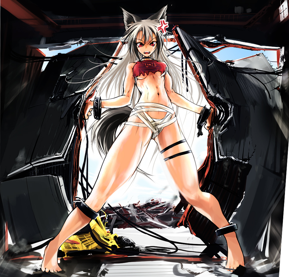 alf874, silver hair, 1girl, abs, angry, animal ears, anklet, bandages, barefoot, bracelet, breasts, chain, collar, crushing, destruction, female focus, forklift, giant, giantess, jewelry, long hair, muscular, red eyes, shirt, solo, tail, torn clothes, torn shirt, underboob, wolf ears
