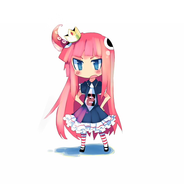 kanikama, original, 1girl, blue eyes, blush, chibi, crown, female focus, pink hair, skirt, solo, tentacles