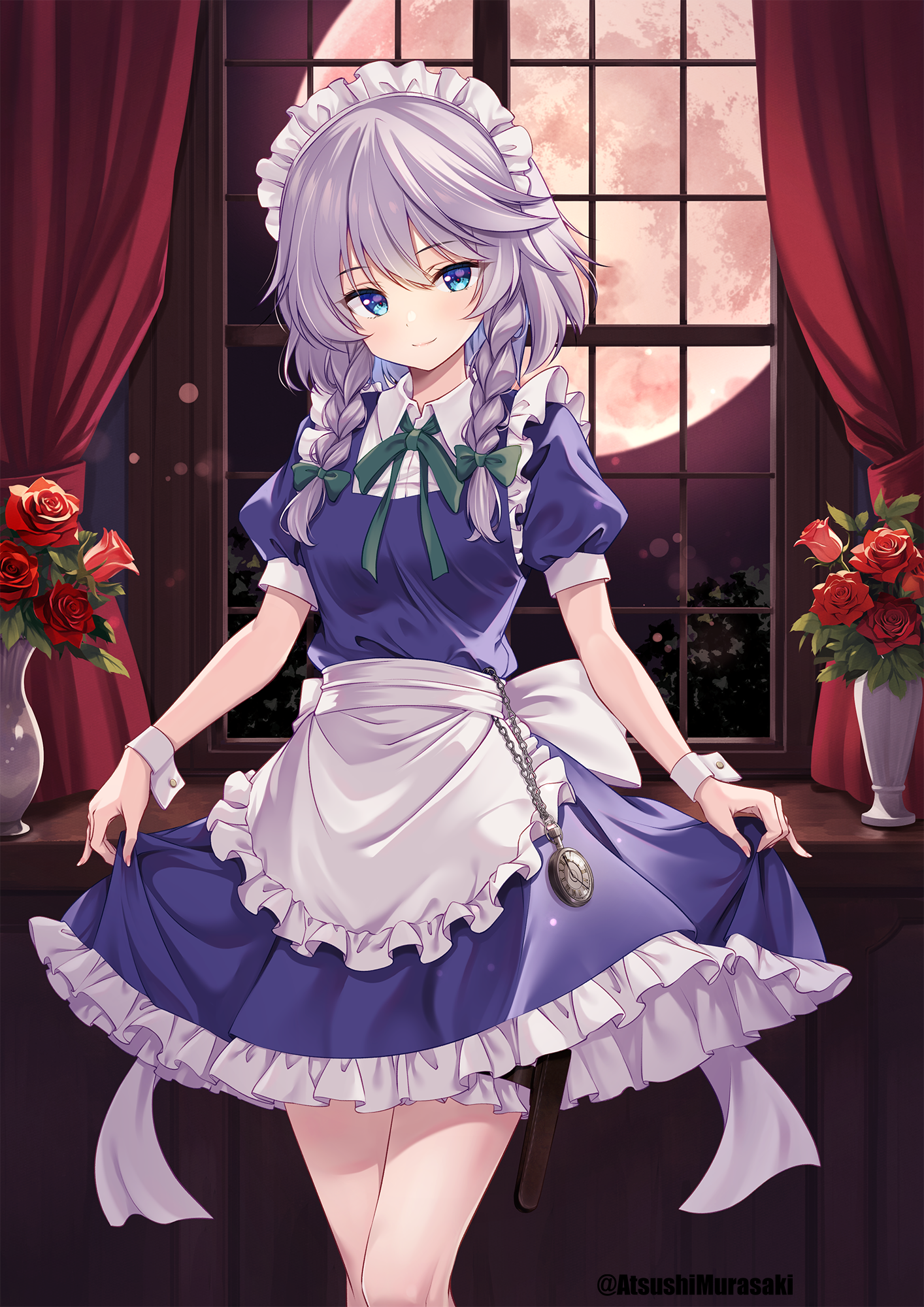 murasaki atsushi, izayoi sakuya, touhou, commentary request, highres, 1girl, apron, bare legs, blue eyes, blush, breasts, closed mouth, collared shirt, cowboy shot, curtains, dress, frilled apron, frilled dress, frilled thigh strap, frills, full moon, green ribbon, grey hair, holster, indoors, long hair, maid, maid headdress, moon, neck ribbon, plant, pocket watch, potted plant, puffy short sleeves, puffy sleeves, red ribbon, ribbon, shirt, short sleeves, small breasts, smile, solo, thigh holster, thigh strap, twintails, waist apron, watch, white apron, white wrist cuffs, window, wrist cuffs