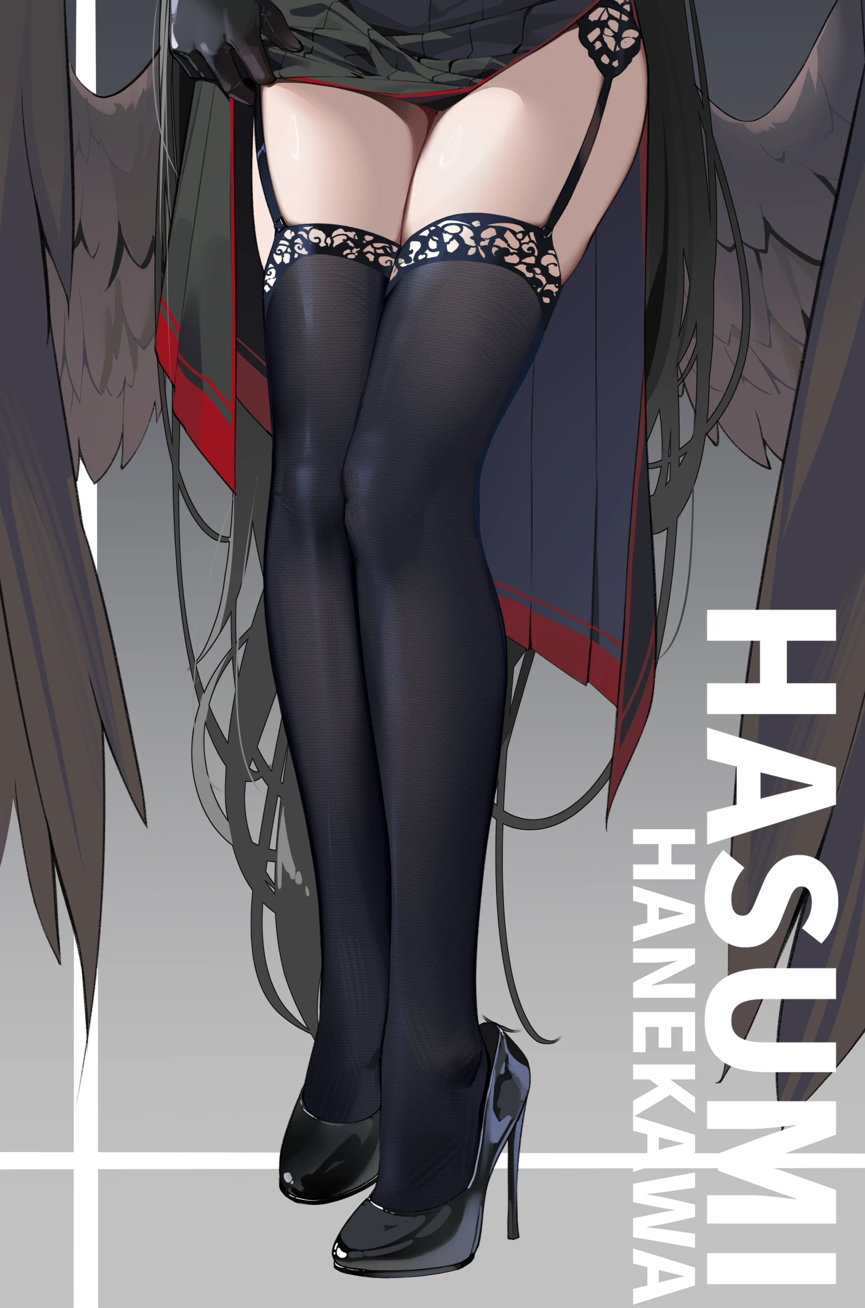 painterliuhao, hasumi (blue archive), blue archive, absurdres, highres, 1girl, black nails, black shoes, black skirt, black thighhighs, clothes lift, feathered wings, high heels, low wings, lower body, shoes, skirt, skirt lift, solo, thighhighs, wings