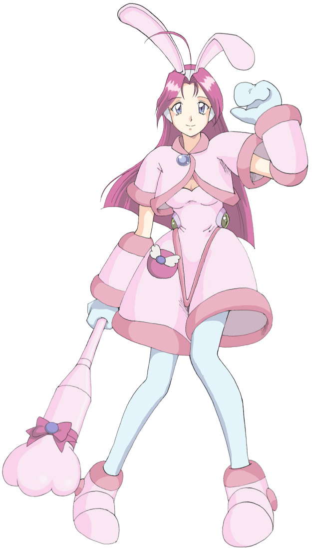 ni-shika, kisaragi haruna, corrector yui, 1990s (style), 1girl, ahoge, animal ears, dress, female focus, gloves, long sleeves, looking at viewer, pantyhose, pink dress, pink hair, rabbit ears, retro artstyle, simple background, solo, standing, wand, white background, white pantyhose