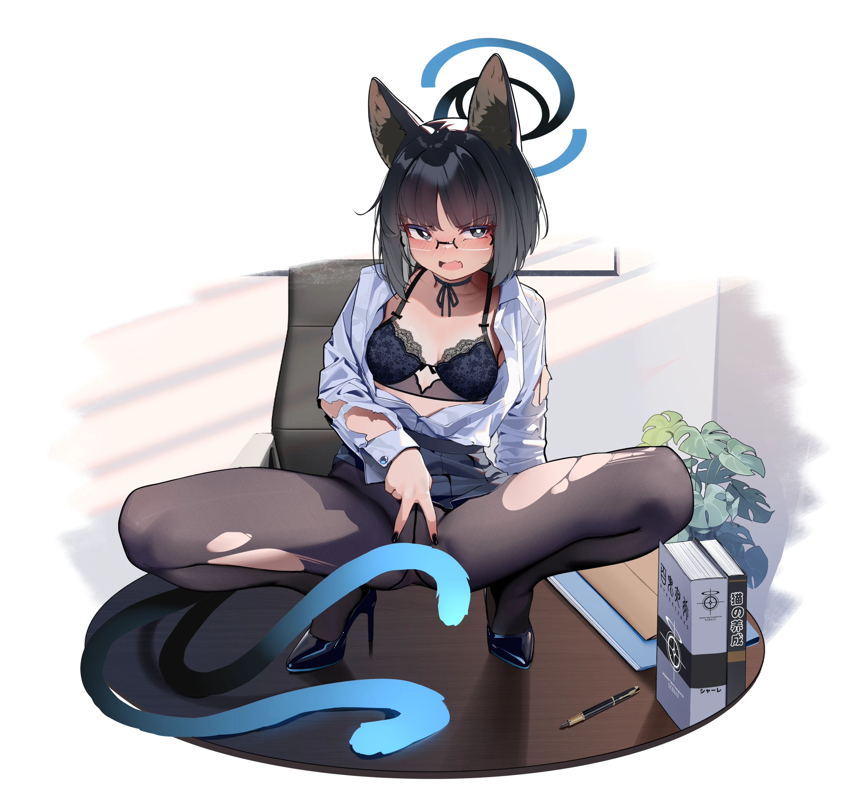painterliuhao, kikyou (blue archive), blue archive, absurdres, highres, 1girl, animal ear fluff, animal ears, black eyes, black shoes, blue bra, bra, breasts, cat ears, cat tail, full body, glasses, high heels, medium breasts, multiple tails, on table, open clothes, open mouth, open shirt, pantyhose, shirt, shoes, solo, spread legs, squatting, table, tail, torn clothes, torn pantyhose, torn shirt, two tails, underwear, v over crotch