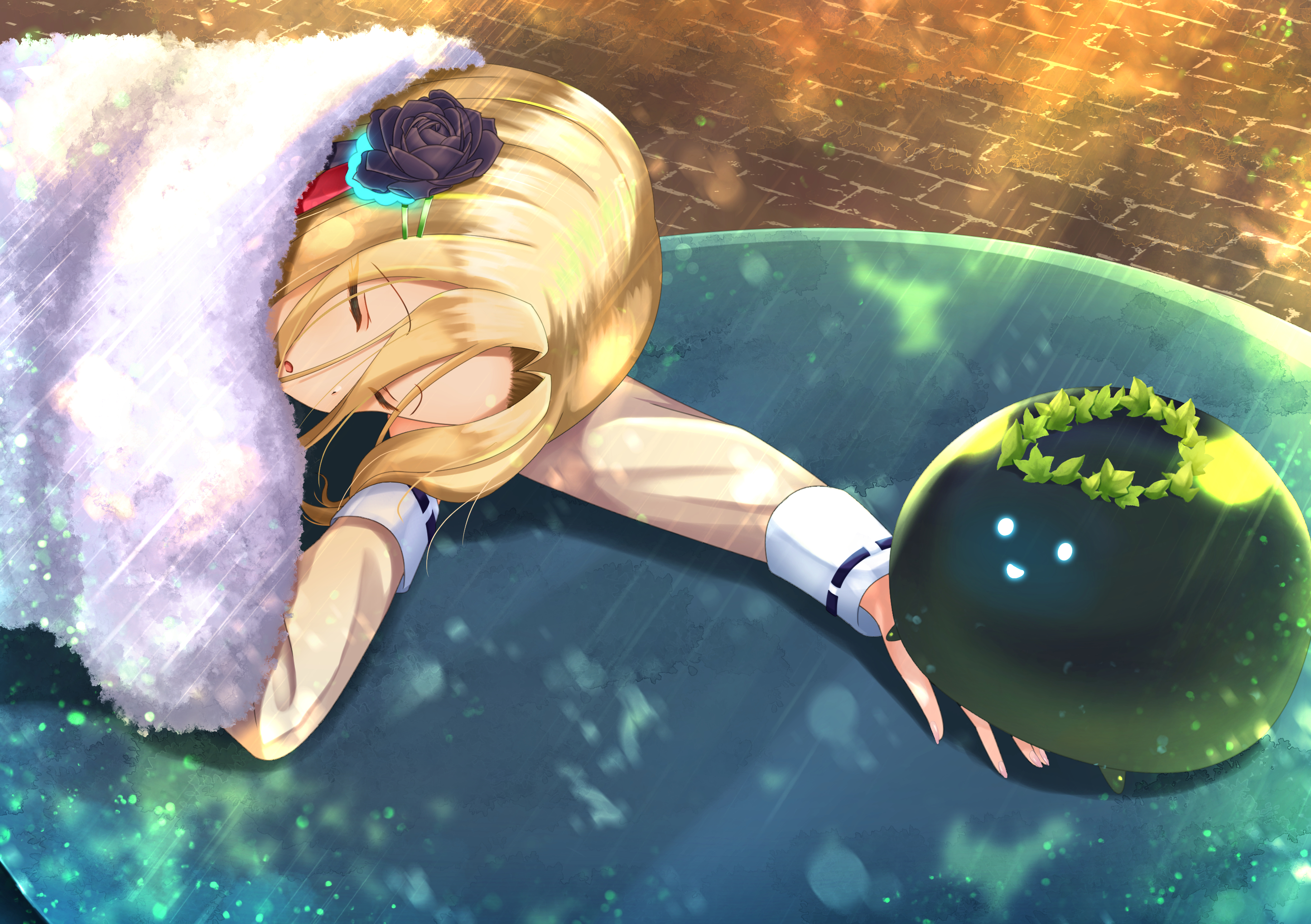kanahigu, minase ichigo, heaven burns red, highres, 1girl, black flower, black rose, blanket, blonde hair, brick wall, cape, closed eyes, creature, flower, hair between eyes, hair flower, hair ornament, hairclip, light particles, long sleeves, narby (heaven burns red), on table, open mouth, parted bangs, rose, sleeping, slime (creature), solo, sunlight, table, tablecloth, white cape, wooden table