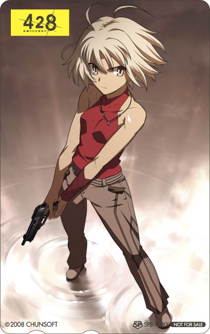 takeuchi takashi, canaan (character), 428, 428: fuusa sareta shibuya de, canaan (series), chunsoft, machine pistol, official art, 1girl, androgynous, angled forward grip, armpits, bare shoulders, beretta 93r, blonde hair, breasts, burst fire gun, burst fire pistol, female focus, grey eyes, gun, handgun, pistol, ripples, short hair, sleeveless, sleeveless turtleneck, small breasts, solo, turtleneck, weapon